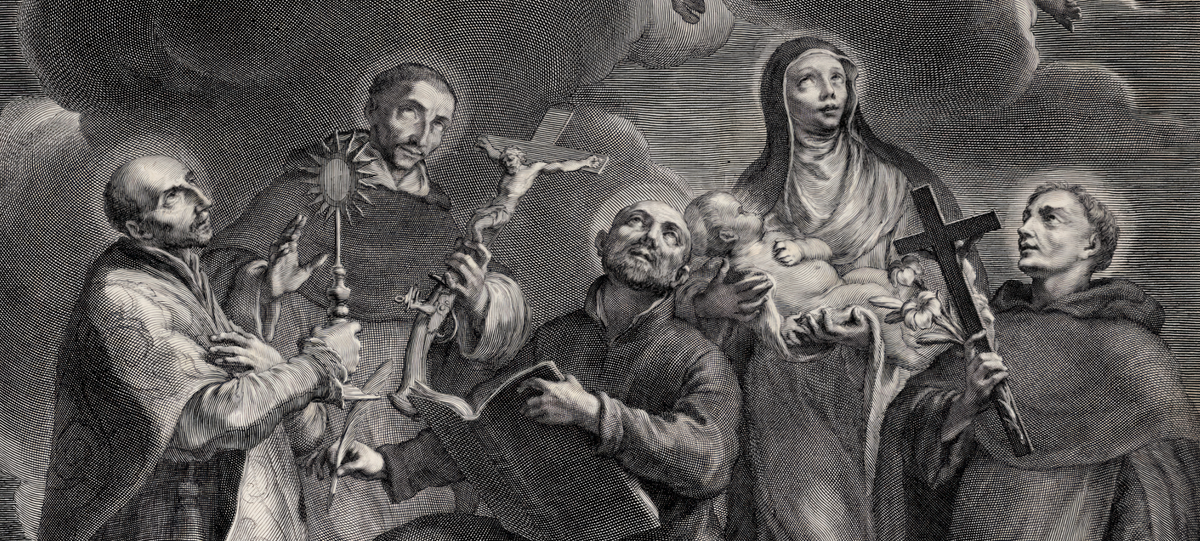 Five Saints Kneeling & Adoring Christ | Linen Texture Print
